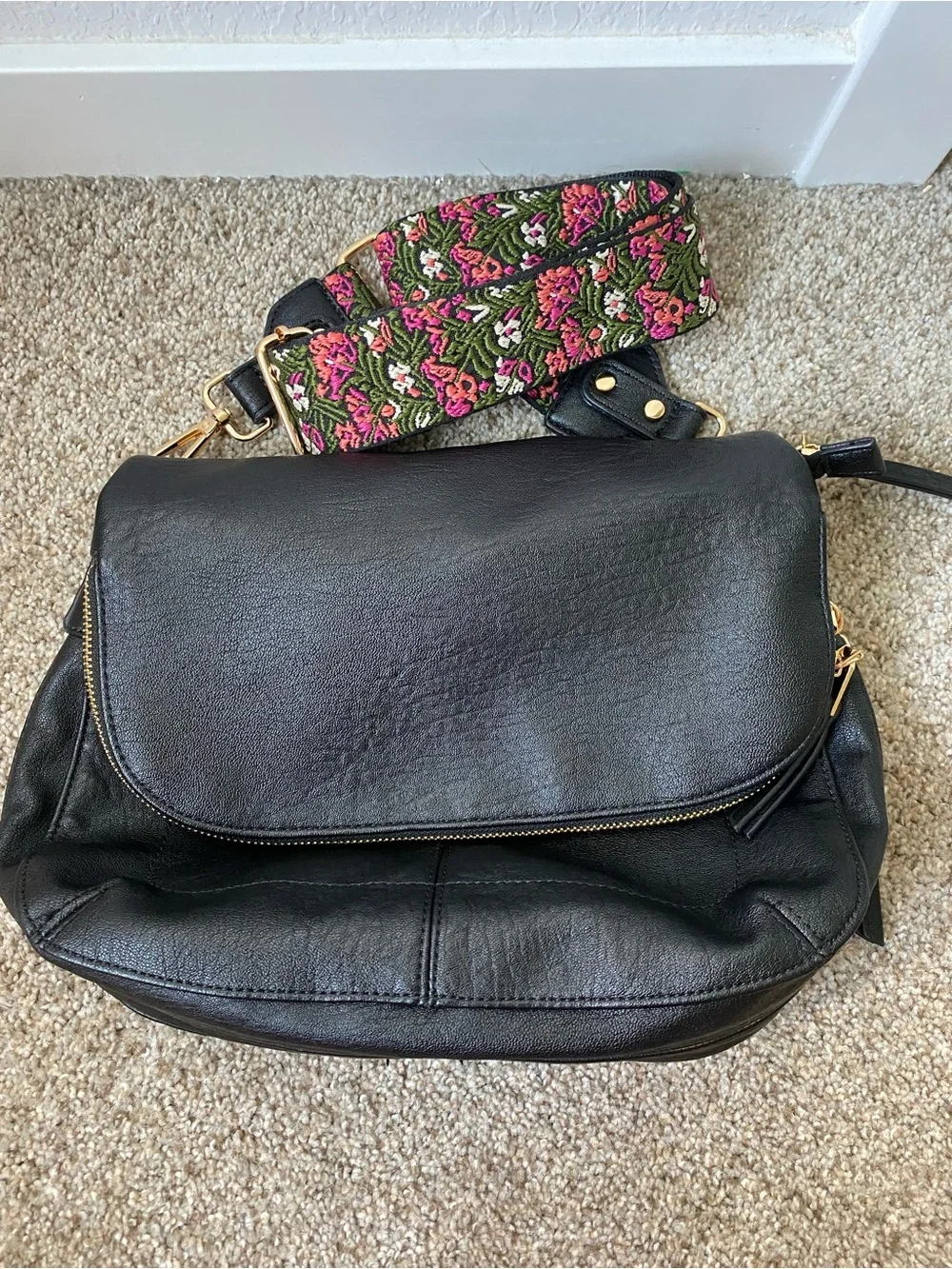 Black Leather Crossbody Bag with Floral Embroidered Strap